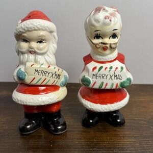 Vintage Japan Santa Mrs Claus Merry X'Mas Salt Pepper Shakers Red Ceramic Set
